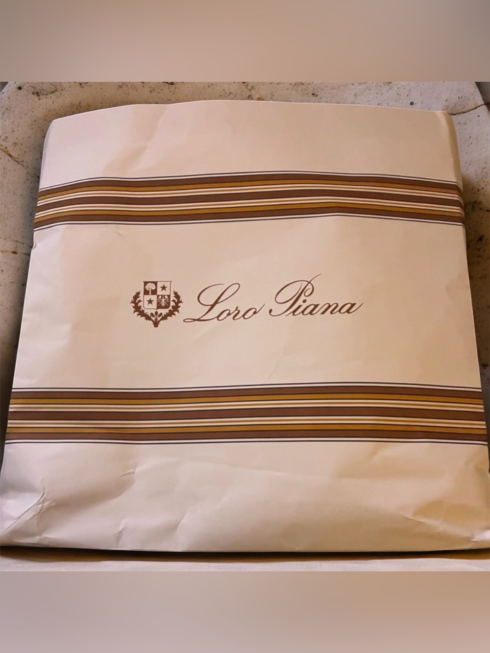 Loro Piana White Gift bag with Brown and Gold Stripes